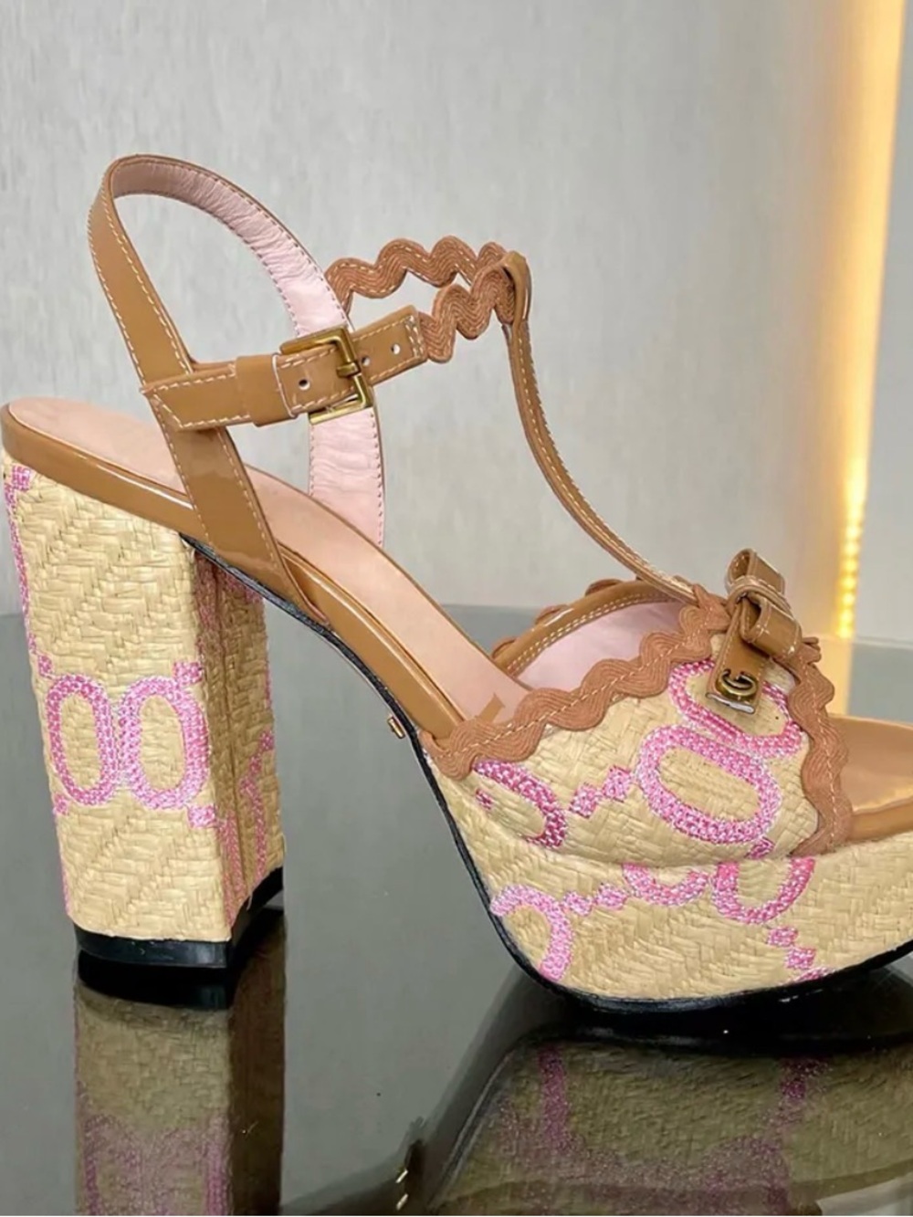 Gucci Tan and Pink Platform Sandals